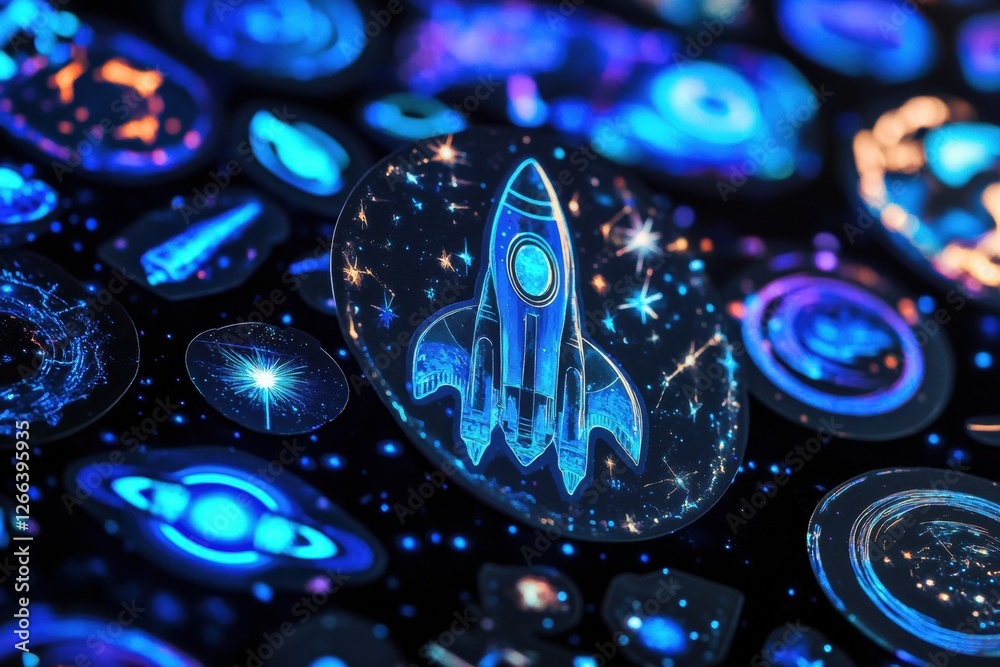 Poster colorful stickers featuring space themes with rockets and planets on a dark background. generative a