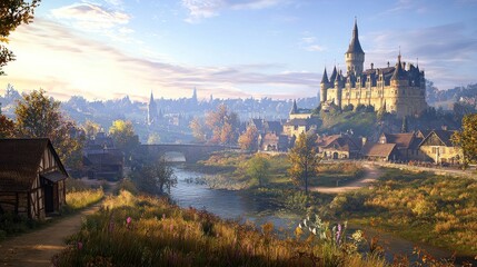 Obraz premium Medieval Town at Sunrise with Castle
