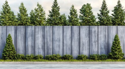 Modern gray fence, lush trees, tranquil scene, urban park