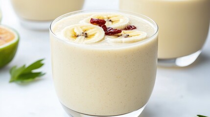 Creamy Banana Smoothie in Glass, Healthy Drink, Fresh Ingredients