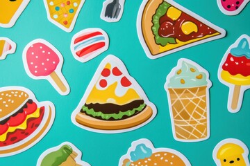 Playful food stickers showcase fun designs of pizza, ice cream, burgers, and more in colorful arrangement. Generative AI