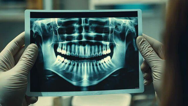 Close-up of a dentist's hand displaying a panoramic x-ray to a female patient in the dentist's office.