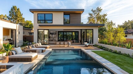 Fototapeta premium Backyard of a modern house during the daytime --ar 16:9 --style raw --stylize 250 --v 6.1 Job ID: 12514246-eb15-41eb-80c1-b99a3c7f6656