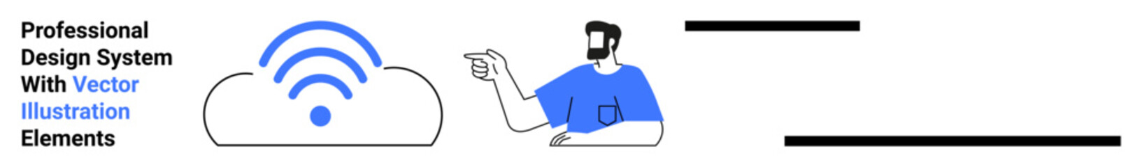 Man in blue shirt gestures towards cloud with wireless signal. Ideal for technology, innovation, cloud computing, connectivity, remote work, digital solutions, flat landing page banner