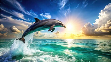 Naklejka premium High-resolution image: A dolphin leaps from the ocean's surface.