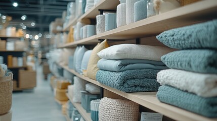 Home goods store interior, bedding and pillows displayed on shelves, customers browsing in background