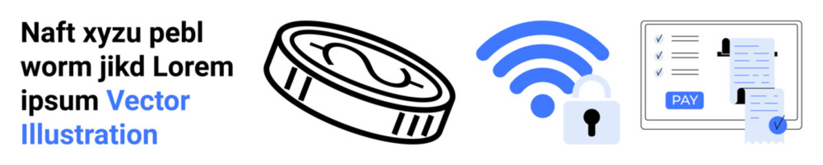 Coin, wireless signal with padlock, and online card payment screen highlight financial technology, digital security, wireless transactions, fintech, e-commerce, cybersecurity. Ideal for finance apps