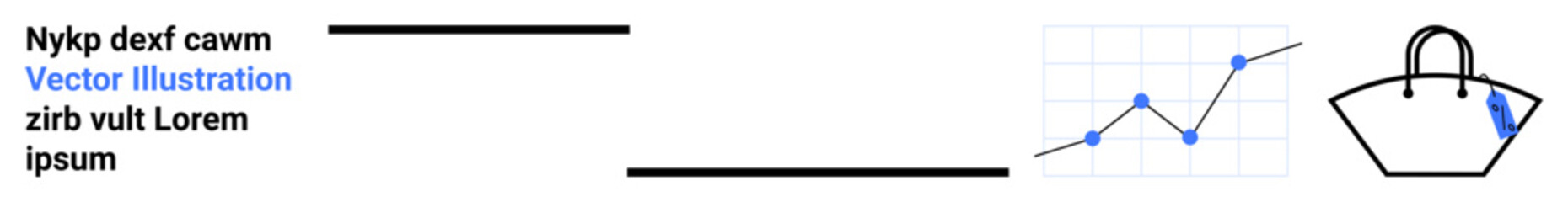 Line graph with blue data points and shopping bag icon with arrow denoting purchase. Ideal for commerce, analytics, growth trends, shopping, marketing, e-commerce, sales flat landing page banner