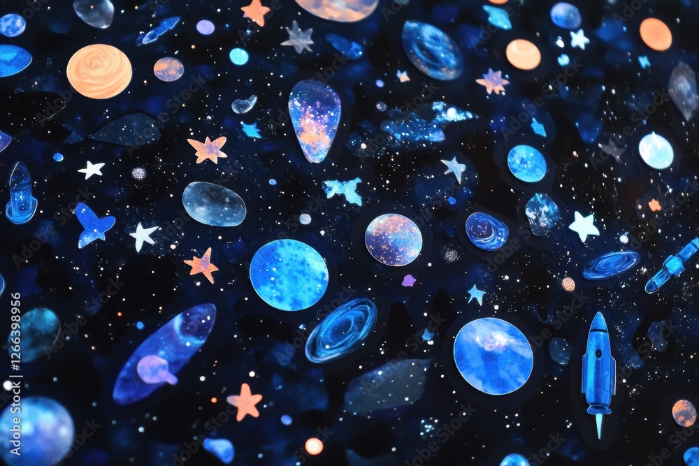 Poster Stickers featuring a variety of celestial designs with vibrant colors and distinct shapes floating in dark space. Generative AI