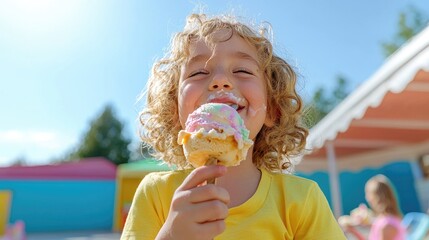 Child Eating Ice Cream Outdoors, Happy Expression, Sunny Day, Park