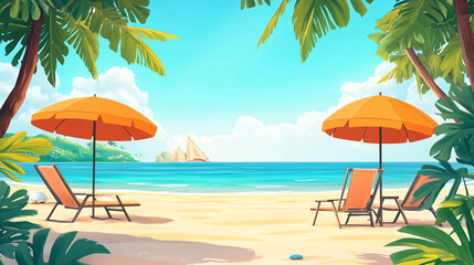 Beautiful summer beach with beach chairs and umbrella, cartoon style, Generative ai