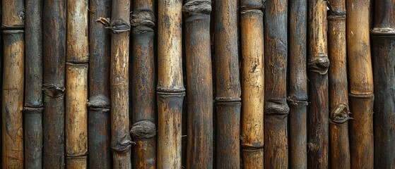 Obraz premium A structure of vertical bamboo poles creates a natural, textured backdrop, showcasing the earthy tones and patterns of bamboo.