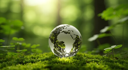 A glass globe reflecting Earth rests on lush green moss, surrounded by small plants in a serene forest.