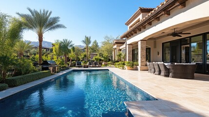 Fototapeta premium Backyard view of a luxury home --ar 16:9 --style raw --stylize 250 --v 6.1 Job ID: 271baed6-9813-4cbe-9745-094a575c992d