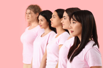 Group of young women on pink background, closeup