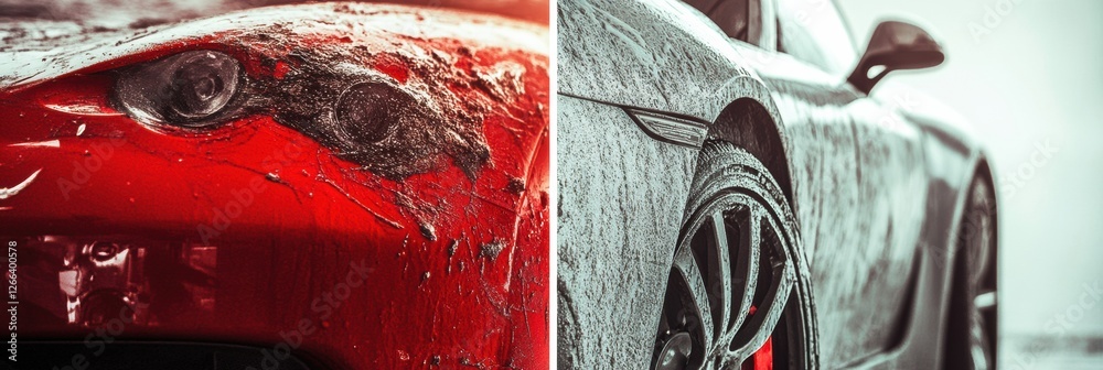 Poster Comparison of a scratched and dirty vehicle alongside a shiny polished car showing condition differences. Generative AI