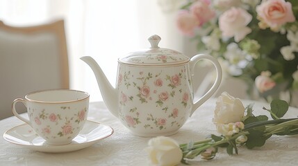 Fototapeta premium A charming floral tea set with delicate rose patterns, placed beside fresh garden flowers. 