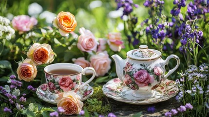 Fototapeta premium A charming floral tea set with delicate rose patterns, placed beside fresh garden flowers. --chaos 20 --ar 16:9 --quality 2 --v 6.1 Job ID: 46b8fd8b-534f-4a7f-8b95-5d500589eaa7
