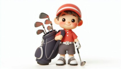 Child golfer with clubs cartoon character fun sports illustration playful environment