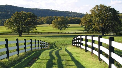 Country lane with white and black fence through lush green fields leading to hills. Use Stock photo for real estate, agriculture, nature