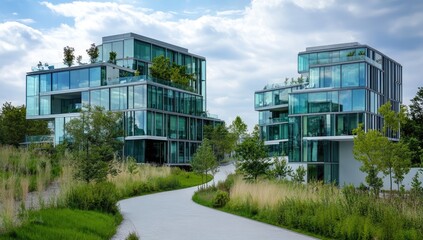 Modern glass office buildings with landscaped pathway