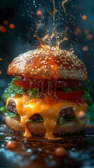 Mouthwatering burger with splashing sauce, a tempting culinary masterpiece Generated AI