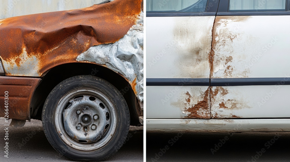 Poster comparison of a dented, rusted car and its perfectly repaired counterpart showcases transformation a