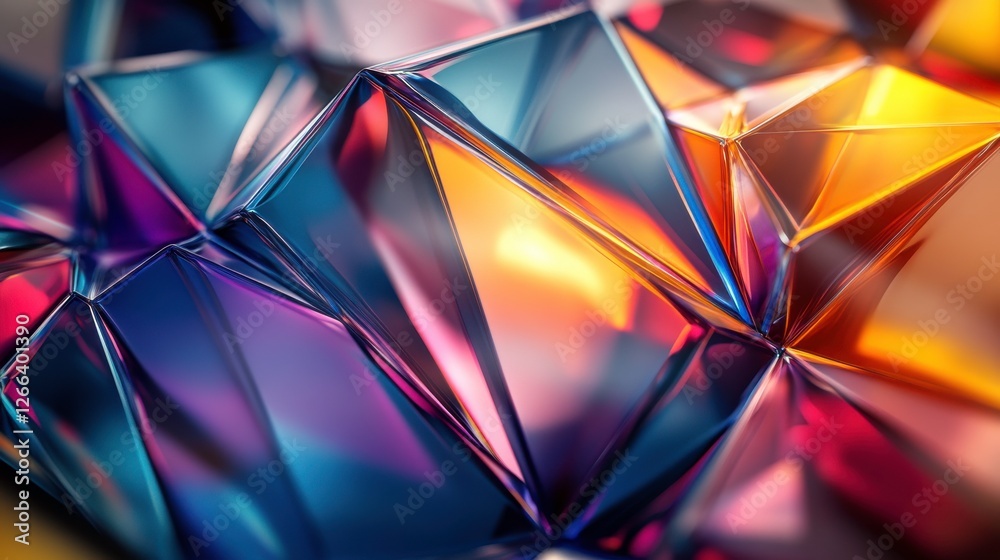 Poster a close-up view of colorful, faceted, geometric shapes with vibrant reflections and a smooth texture