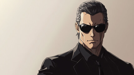 Obraz premium Stylish and Intimidating Male Character in Sunglasses Exuding Confidence and Power with Dramatic Shadow and Minimalist Background