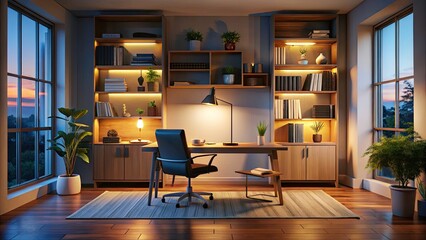 Obraz premium Modern minimalist home office: dark, clean, and sleek, featuring a framed mockup and organized bookshelf.