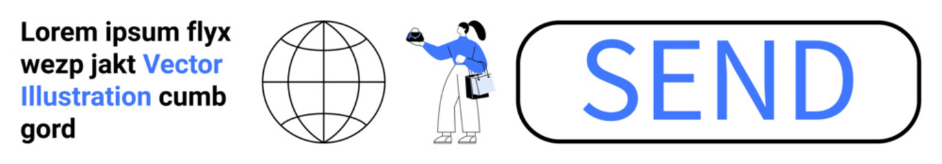Woman interacting with a modern SEND button beside a globe, symbolizing messaging and global connectivity. Ideal for email platforms, social media, tech apps, user interface design, online services