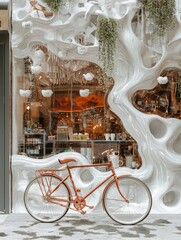 Whimsical facade: A charming bicycle leans casually against an intricate, organic-shaped facade of a building, adorned with hanging plants, capturing a unique and artistic architectural style. 