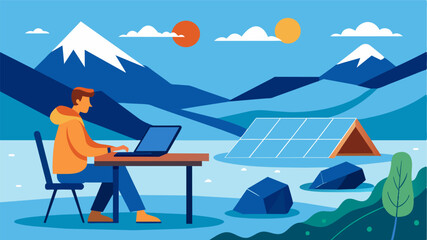 Fototapeta premium Using solar chargers and a makeshift work desk made out of a camping table the digital nomad manages to stay connected and productive while living offthegrid on the glacial lake.. Vector illustration