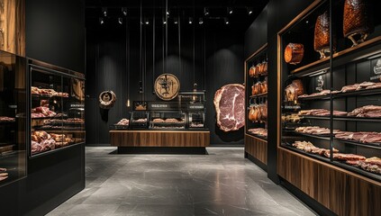 Modern butcher shop interior, display of cured meats, dark wood, ambient lighting