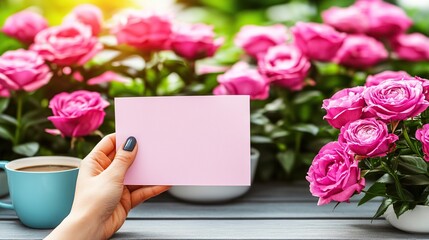 Obraz premium Woman's hand holding pink card, roses, coffee, garden