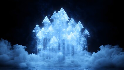 Abstract glowing arrows rising from clouds, futuristic concept