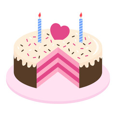 Birthday cake with heart and candles.Strawberry layer cake coat with chocolate and vanilla cream.Cute valentine, wedding, anniversary cake.Vector graphic illustration.