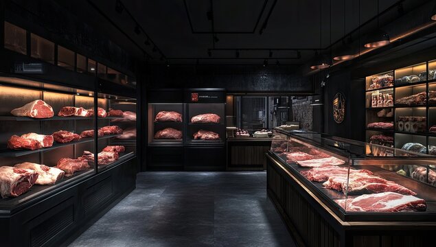 Dark Meat Market Interior, Display Cases Filled with Fresh Cuts