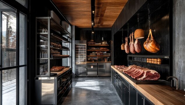 Modern butcher shop interior, showcasing meat cuts, dark decor, and outdoor view