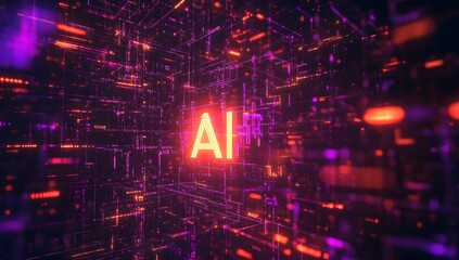 Futuristic AI network, digital tunnel, glowing circuit, data stream