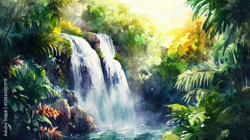 Aufkleber waterfall cascading into a serene pool surrounded by lush jungle greenery at sunrise. generative ai