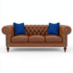 Fototapeta premium Elegant Brown Leather Sofa with Blue Pillows, Generative AI.