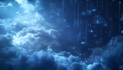 Abstract digital rain falling through night clouds