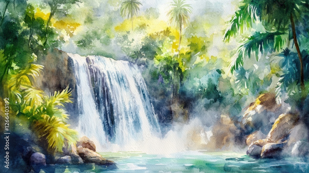 Aufkleber Waterfall cascading into serene pool surrounded by lush greenery in a vibrant tropical landscape during daylight hours. Generative AI