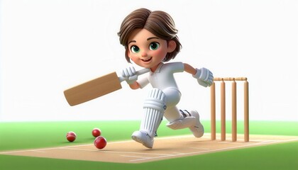 Cricket practice session cartoon character digital art playful environment dynamic viewpoint