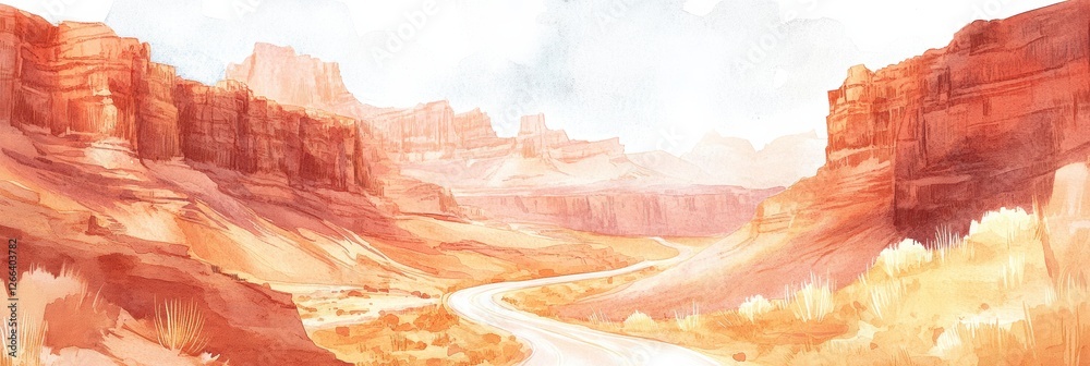 Poster serene desert landscape with winding road and distant red rock formations during a peaceful afternoo