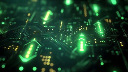 Futuristic circuit board with glowing green and yellow elements. Cityscape depicted in background.  Use Technology, innovation, future concepts
