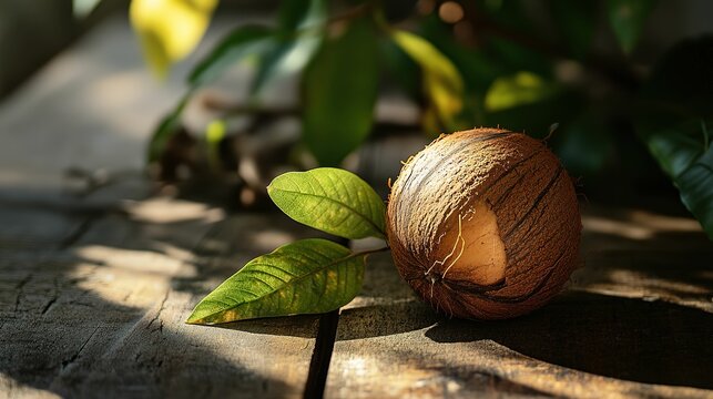 Sunlit Coconut Resting On Wooden Surface With Leaves