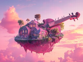 Dreamlike musical island: A whimsical island shaped like a violin floats in a cotton candy sky, with charming houses and trees gracing its surface, creating a surreal and enchanting scene.