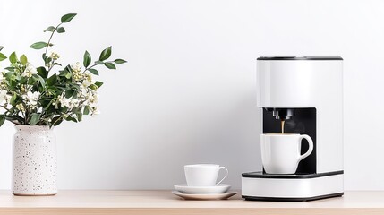 Coffee maker brewing espresso on kitchen counter